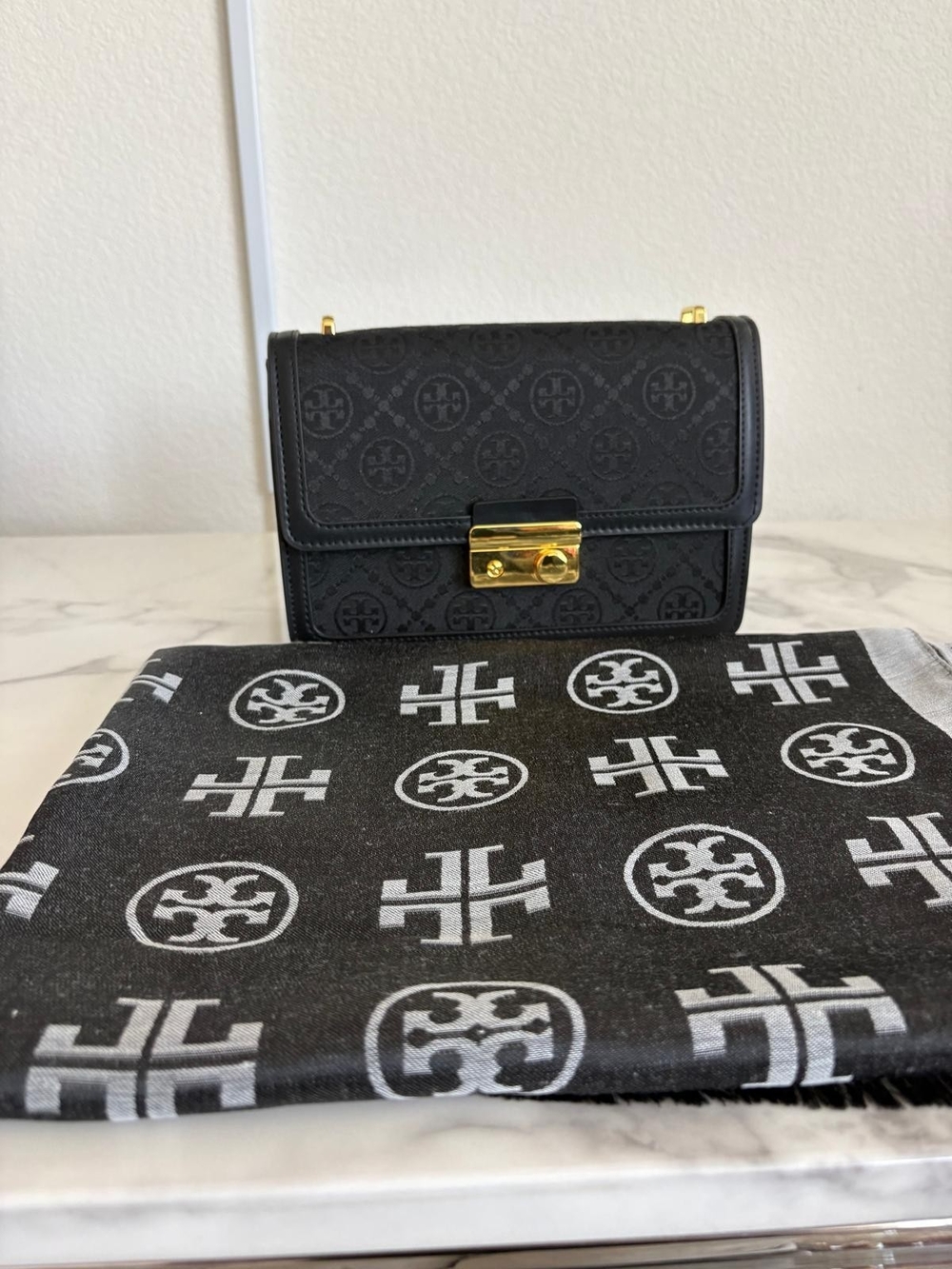 Black Patterned Crossbody Shoulder Bag with Gold Hardware & Matching Scarf